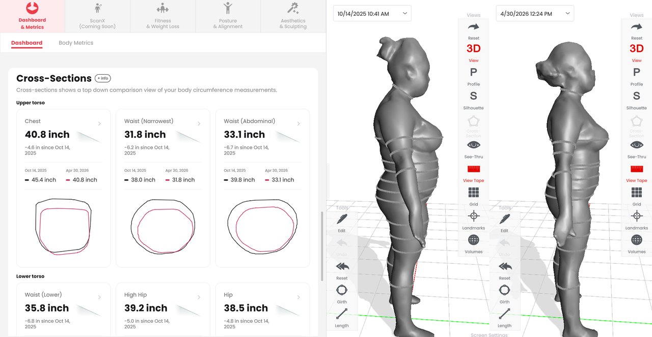 3D body scan comparison for a BodyWorks client showing measurements from October 2025 and April 2026